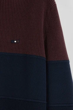 Regular burgundy cotton semi-zipped jumper with knit patterns