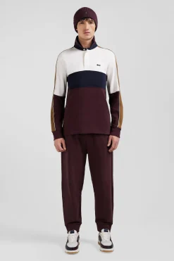 Regular burgundy long-sleeved cotton rugby shirt with back embroidery and piping