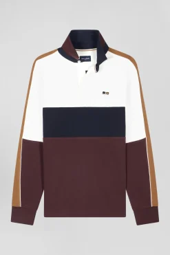 Regular burgundy long-sleeved cotton rugby shirt with back embroidery and piping