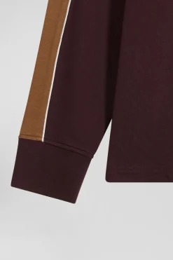 Regular burgundy long-sleeved cotton rugby shirt with back embroidery and piping