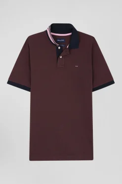 Regular burgundy short-sleeved cotton piqué polo shirt