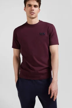 Regular burgundy short-sleeved cotton T-shirt with tie patchwork emblem