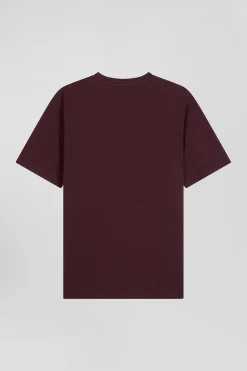 Regular burgundy short-sleeved cotton T-shirt with tie patchwork emblem