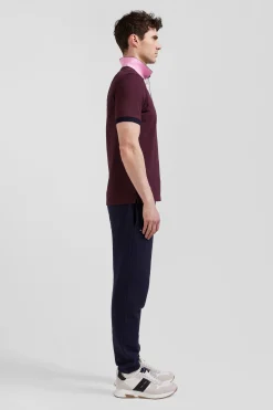 Regular burgundy short-sleeved cotton piqué polo shirt with striped embroidery