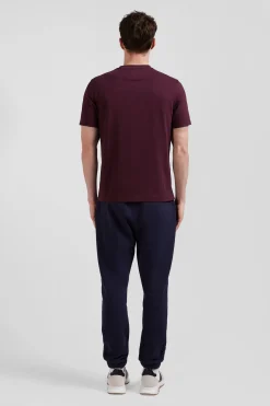 Regular burgundy short-sleeved cotton T-shirt with tie patchwork emblem