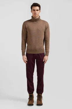 Regular burgundy stretch cotton piqué and modal chino trousers