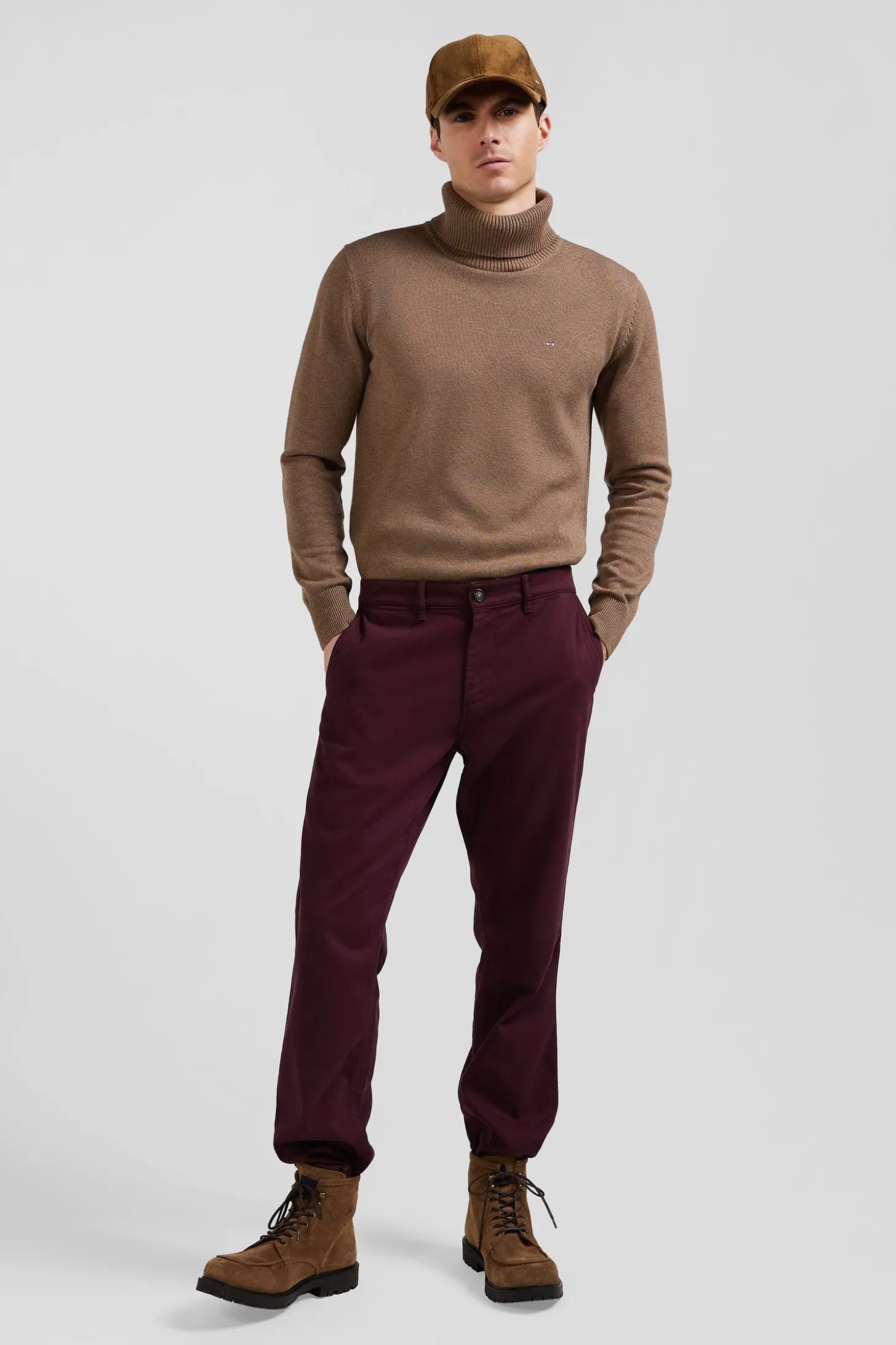 Regular burgundy stretch cotton piqué and modal chino trousers
