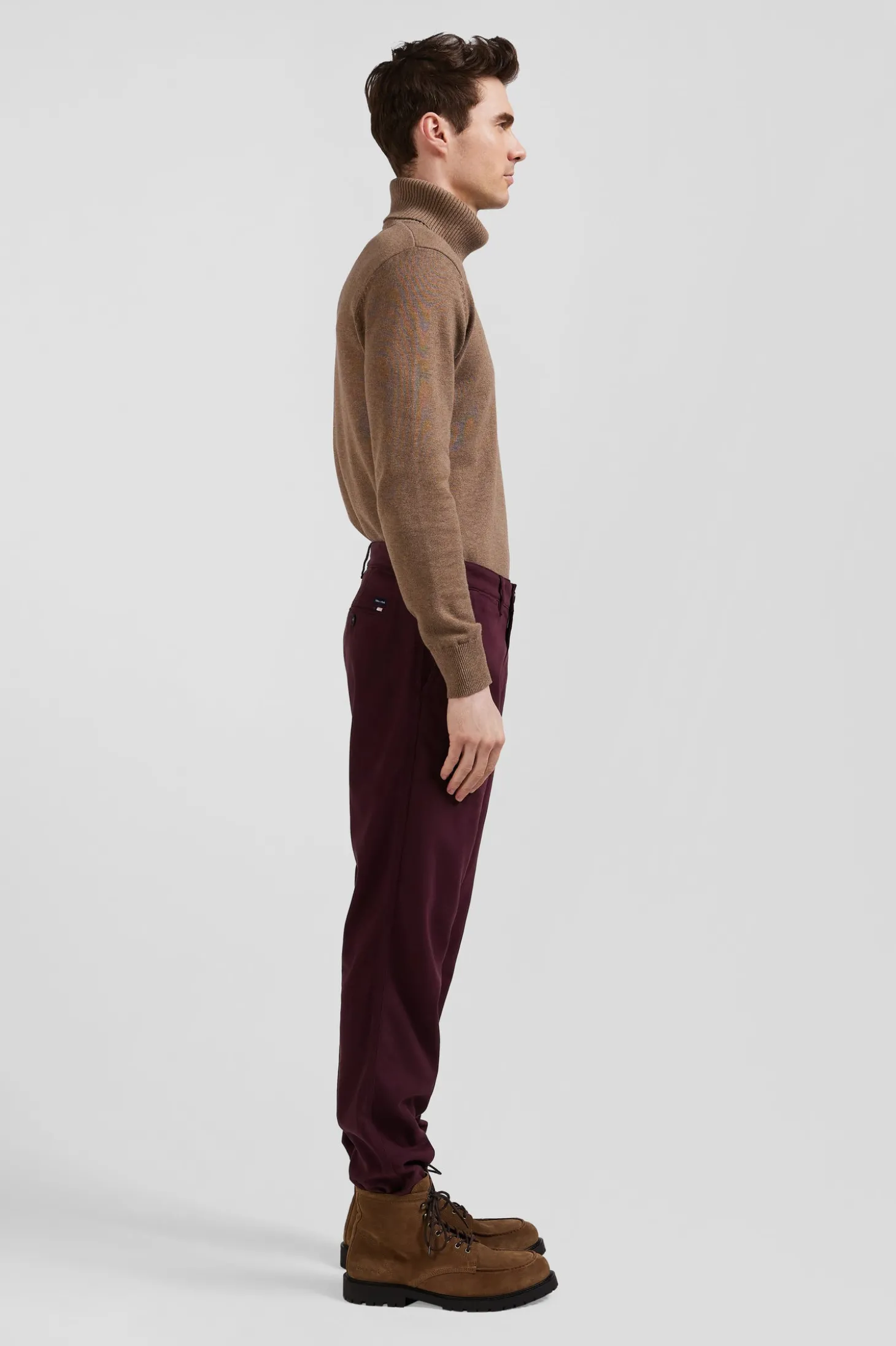 Regular burgundy stretch cotton piqué and modal chino trousers