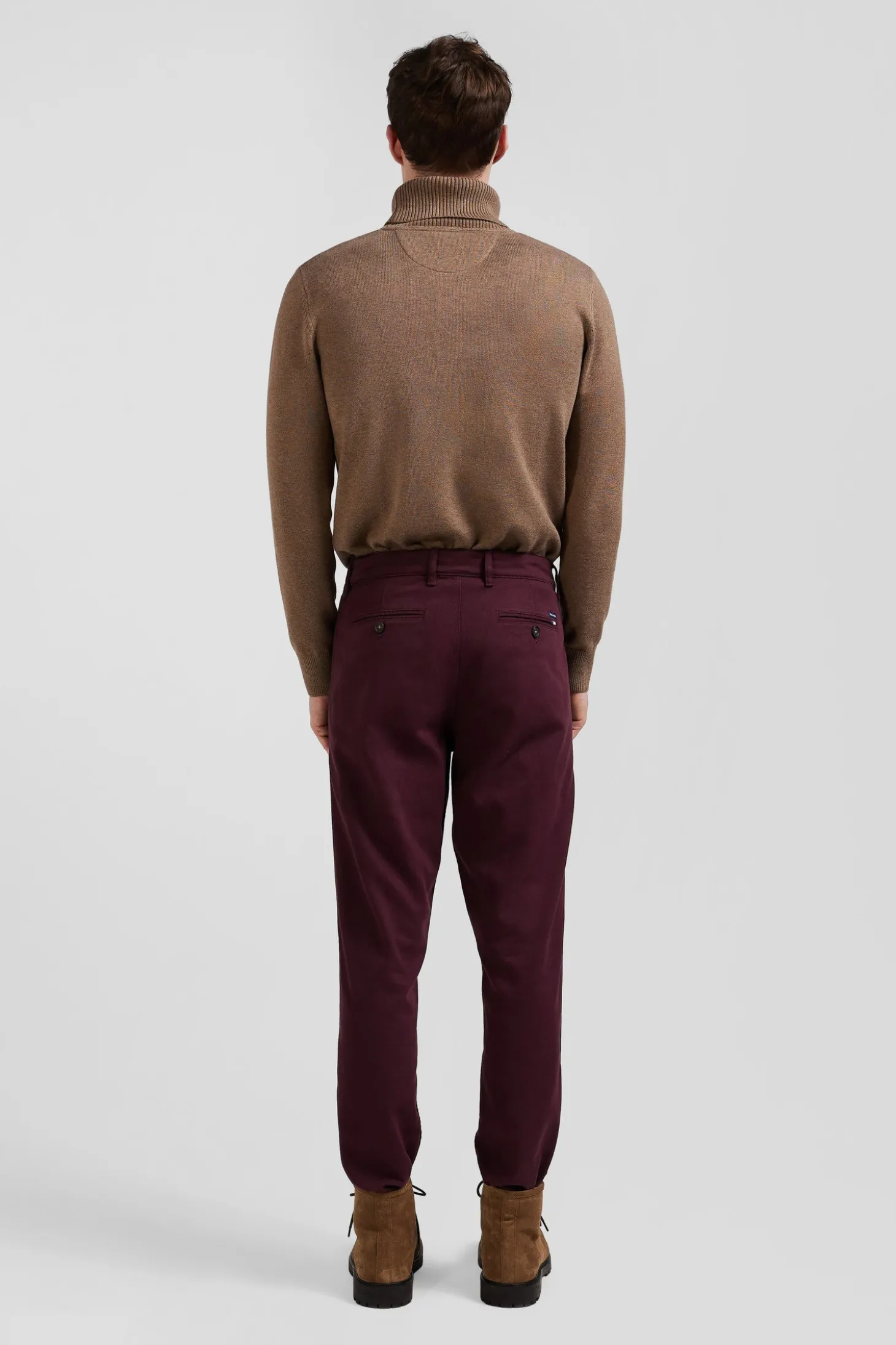Regular burgundy stretch cotton piqué and modal chino trousers