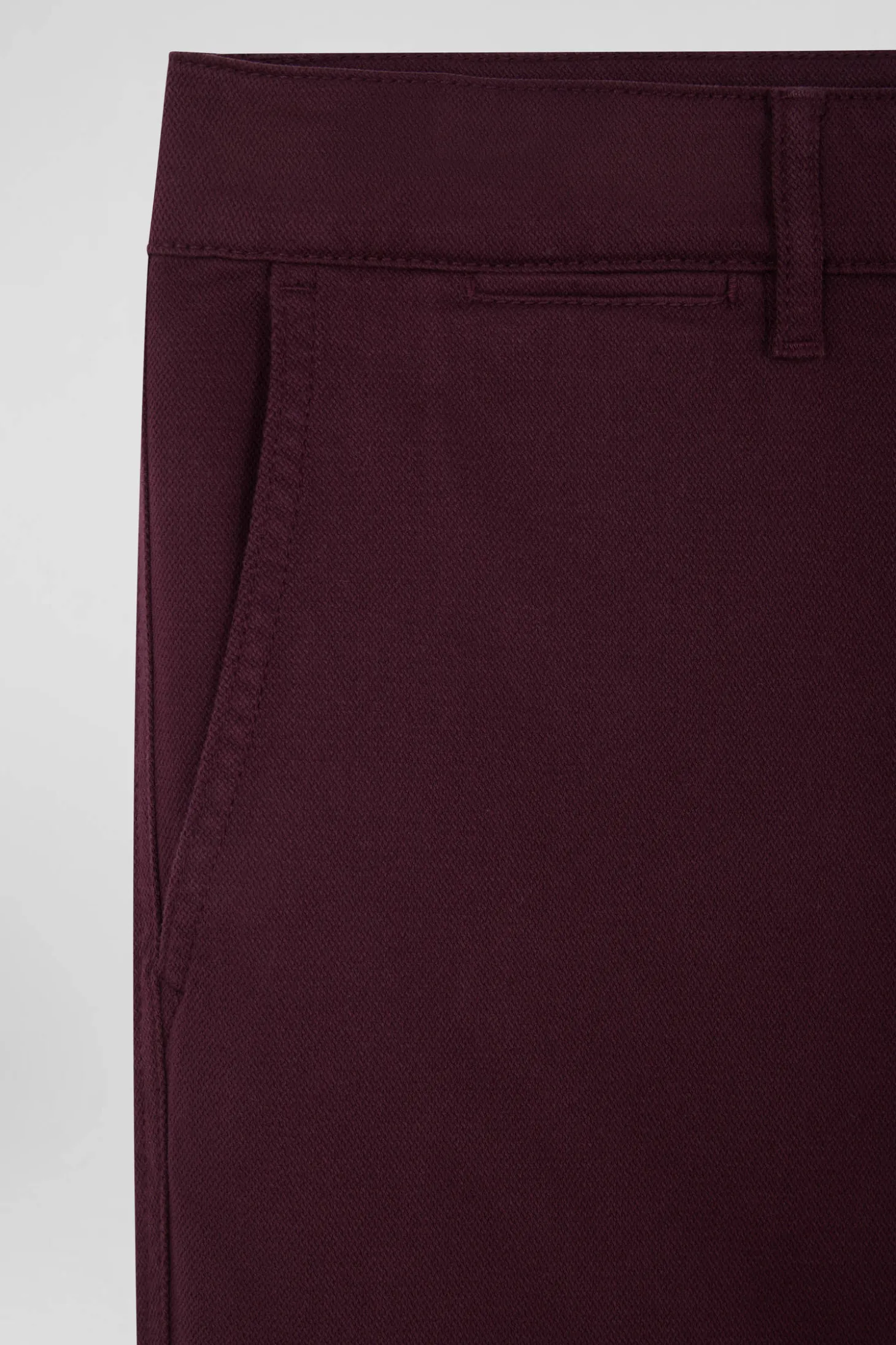 Regular burgundy stretch cotton piqué and modal chino trousers