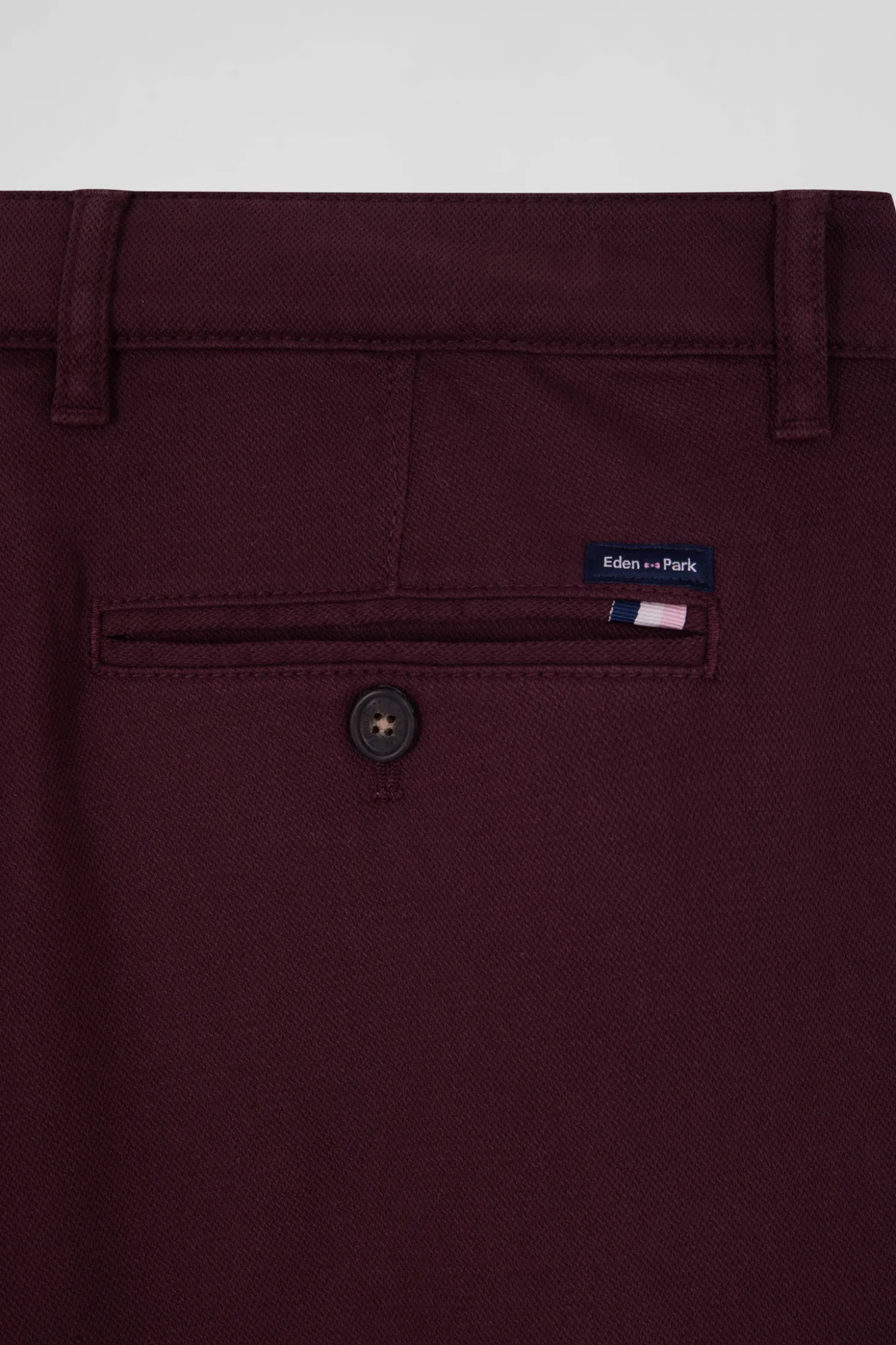Regular burgundy stretch cotton piqué and modal chino trousers