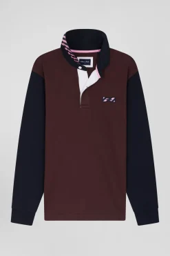 Regular burgundy striped long-sleeved cotton rugby shirt with tie fabric patchwork