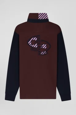 Regular burgundy striped long-sleeved cotton rugby shirt with tie fabric patchwork
