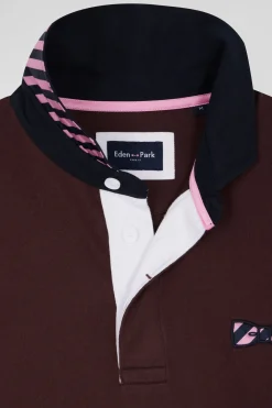 Regular burgundy striped long-sleeved cotton rugby shirt with tie fabric patchwork