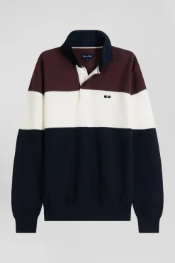 Regular burgundy wool and cotton jumper with knit patterns and rugby shirt collar