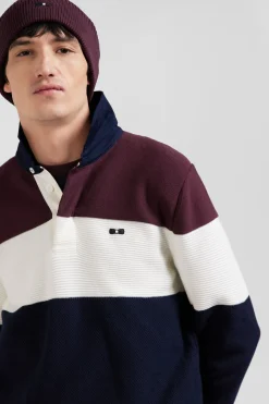 Regular burgundy wool and cotton jumper with knit patterns and rugby shirt collar