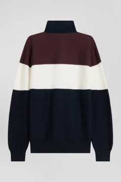 Regular burgundy wool and cotton jumper with knit patterns and rugby shirt collar
