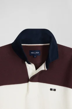 Regular burgundy wool and cotton jumper with knit patterns and rugby shirt collar