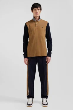 Regular camel bicolor long-sleeved cotton piqué polo shirt with jacquard collar