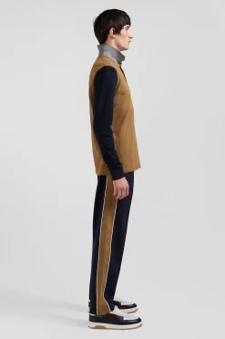 Regular camel bicolor long-sleeved cotton piqué polo shirt with jacquard collar