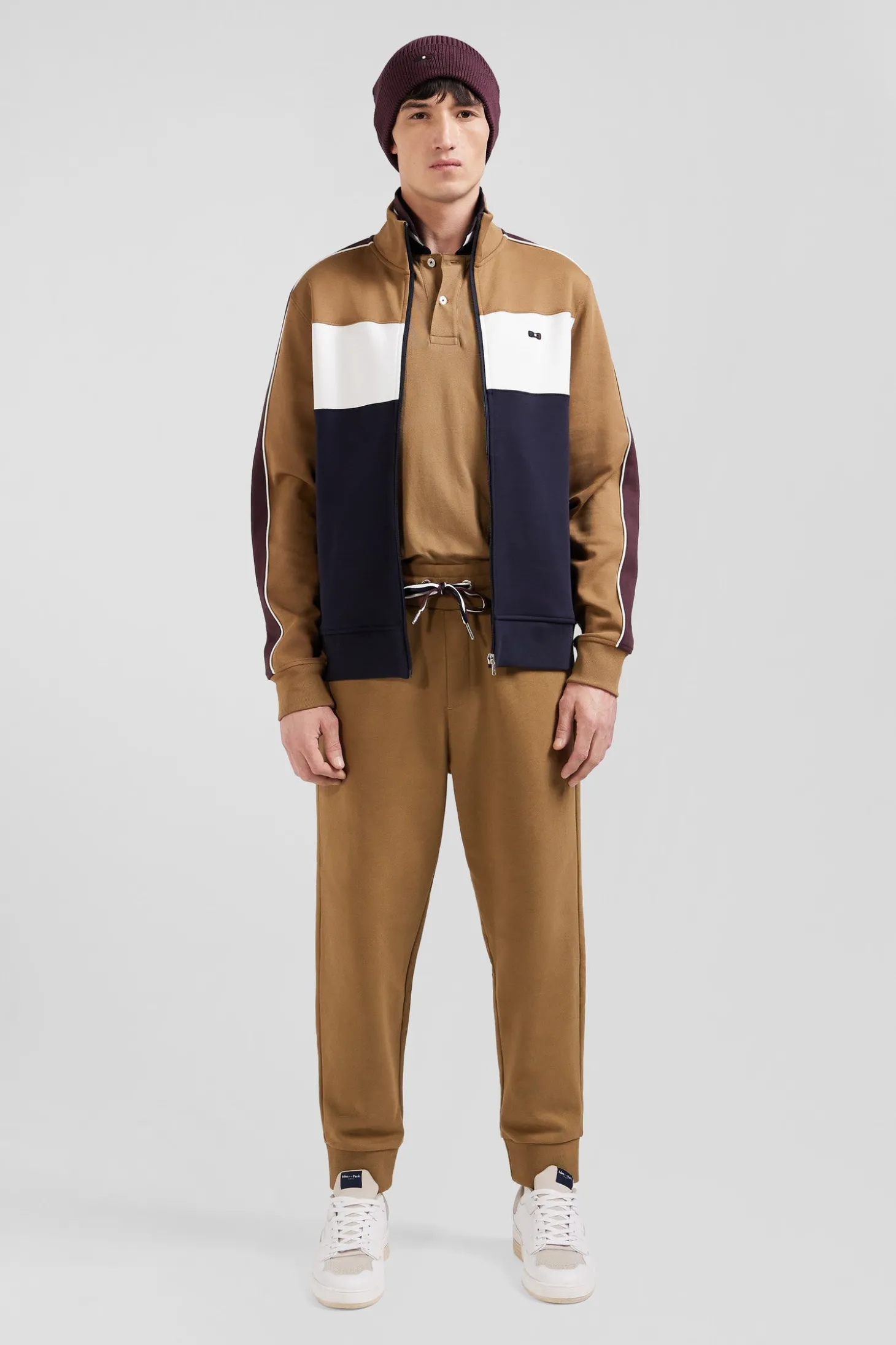 Regular camel colorblock zipped cotton blend sweatshirt