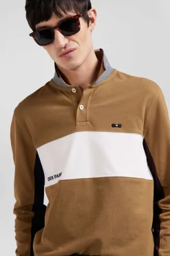 Regular camel colorblock long-sleeved cotton piqué polo shirt