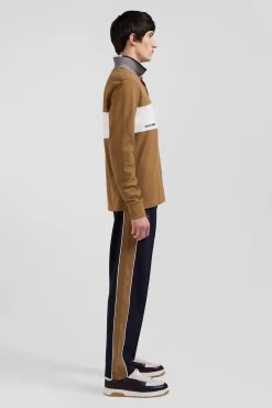 Regular camel colorblock long-sleeved cotton piqué polo shirt