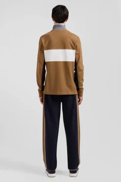 Regular camel colorblock long-sleeved cotton piqué polo shirt