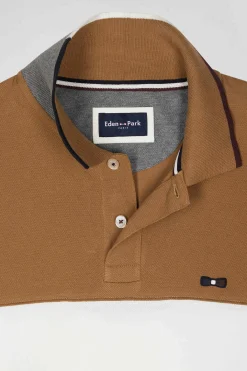 Regular camel colorblock long-sleeved cotton piqué polo shirt