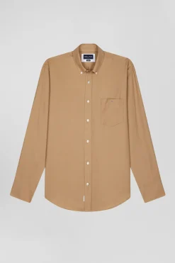 Regular camel cotton and cashmere twill shirt