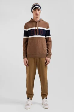 Regular camel cotton hooded jumper with EP10 jacquard