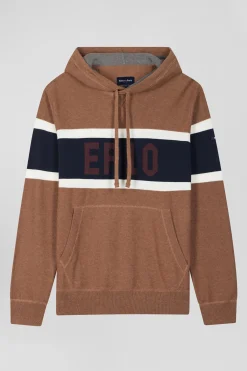 Regular camel cotton hooded jumper with EP10 jacquard
