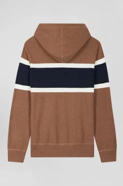 Regular camel cotton hooded jumper with EP10 jacquard