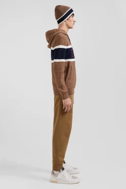 Regular camel cotton hooded jumper with EP10 jacquard