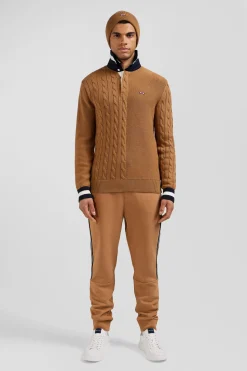 Regular camel cotton jumper with rugby shirt collar
