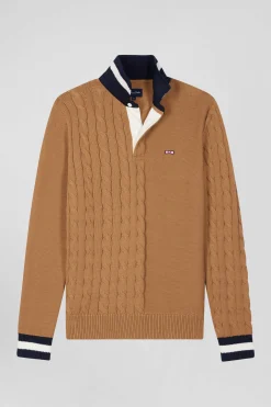 Regular camel cotton jumper with rugby shirt collar