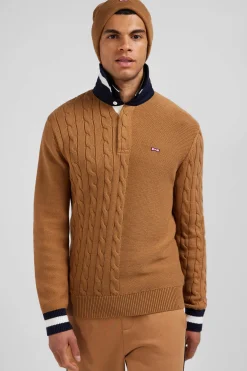 Regular camel cotton jumper with rugby shirt collar