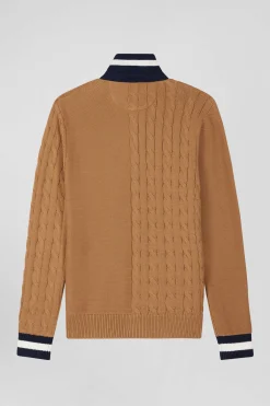 Regular camel cotton jumper with rugby shirt collar