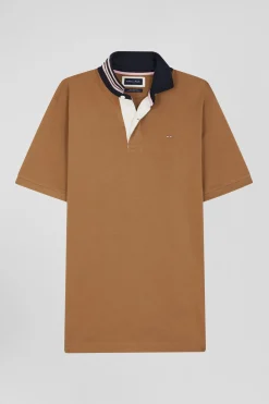 Regular camel cotton rugby shirt with contrasted collar
