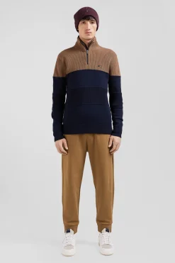 Regular camel cotton semi-zipped jumper with knit patterns
