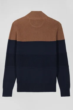 Regular camel cotton semi-zipped jumper with knit patterns