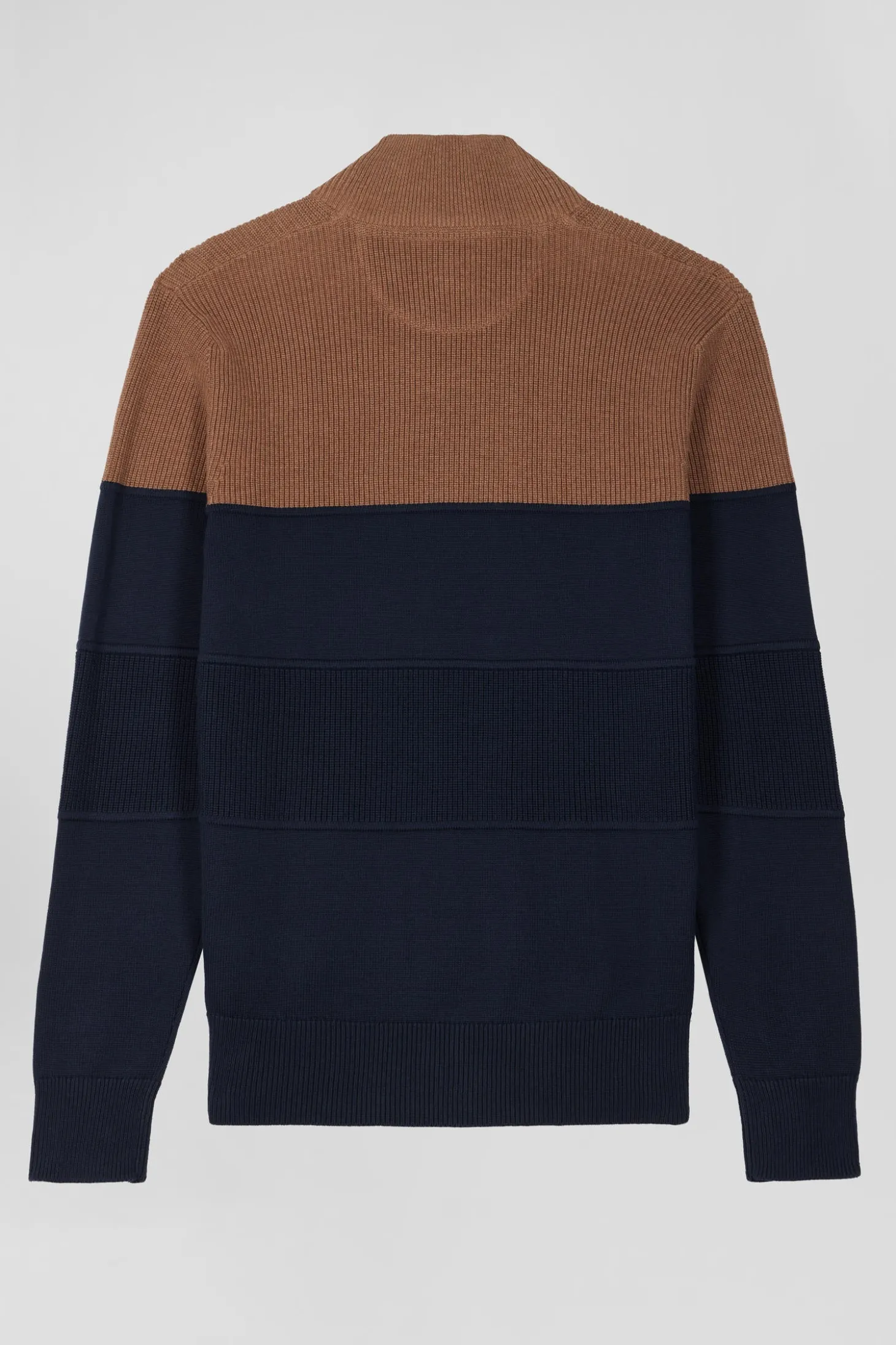 Regular camel cotton semi-zipped jumper with knit patterns