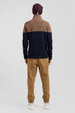 Regular camel cotton semi-zipped jumper with knit patterns