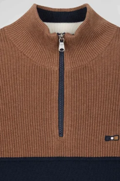 Regular camel cotton semi-zipped jumper with knit patterns