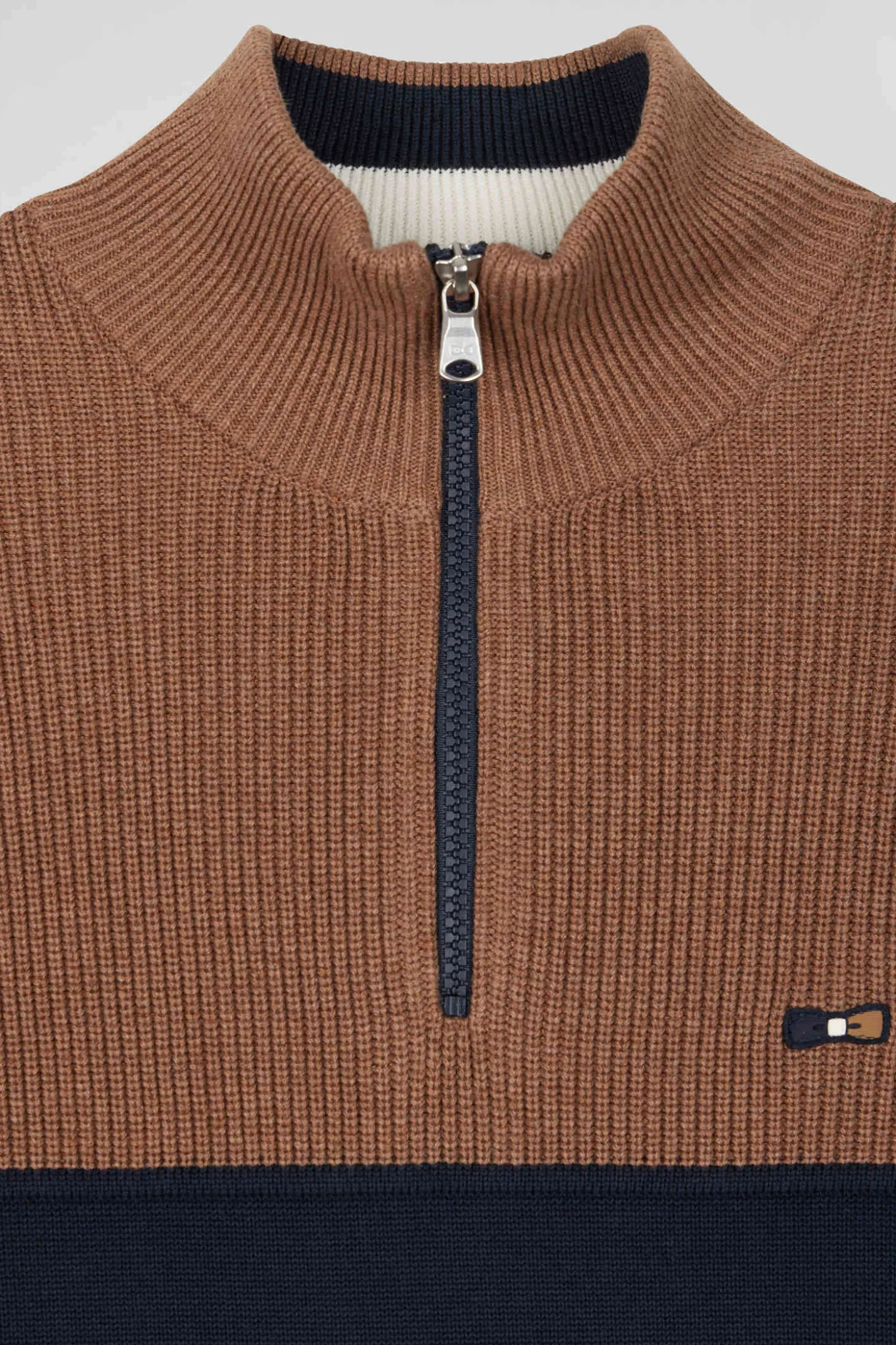Regular camel cotton semi-zipped jumper with knit patterns