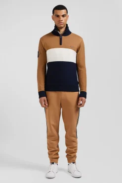 Regular camel embroidered semi-zipped colorblock cotton jumper