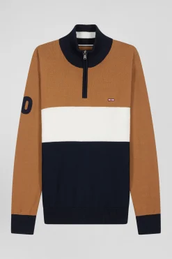 Regular camel embroidered semi-zipped colorblock cotton jumper