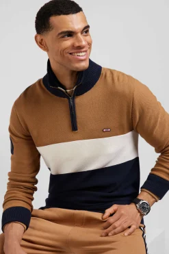 Regular camel embroidered semi-zipped colorblock cotton jumper