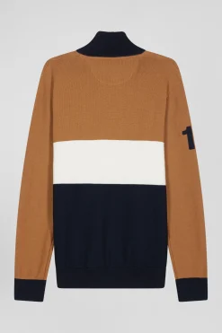 Regular camel embroidered semi-zipped colorblock cotton jumper