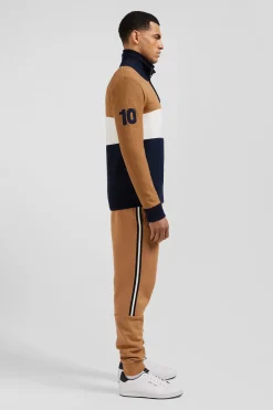 Regular camel embroidered semi-zipped colorblock cotton jumper